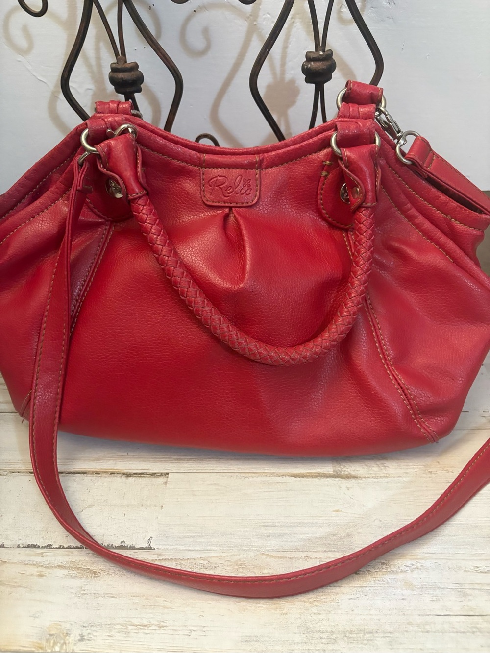 Relic Red Leather Braided-Handle Crossbody Satchel vintage Y2K